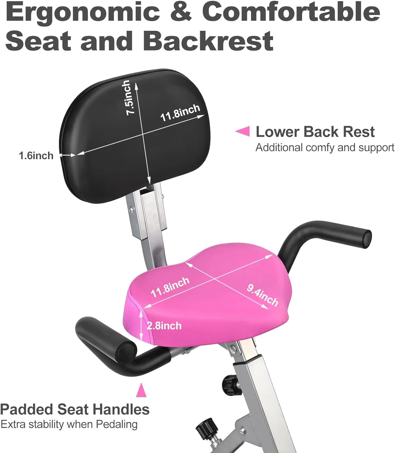 Recumbent position view of folding exercise bike with adjustable backrest