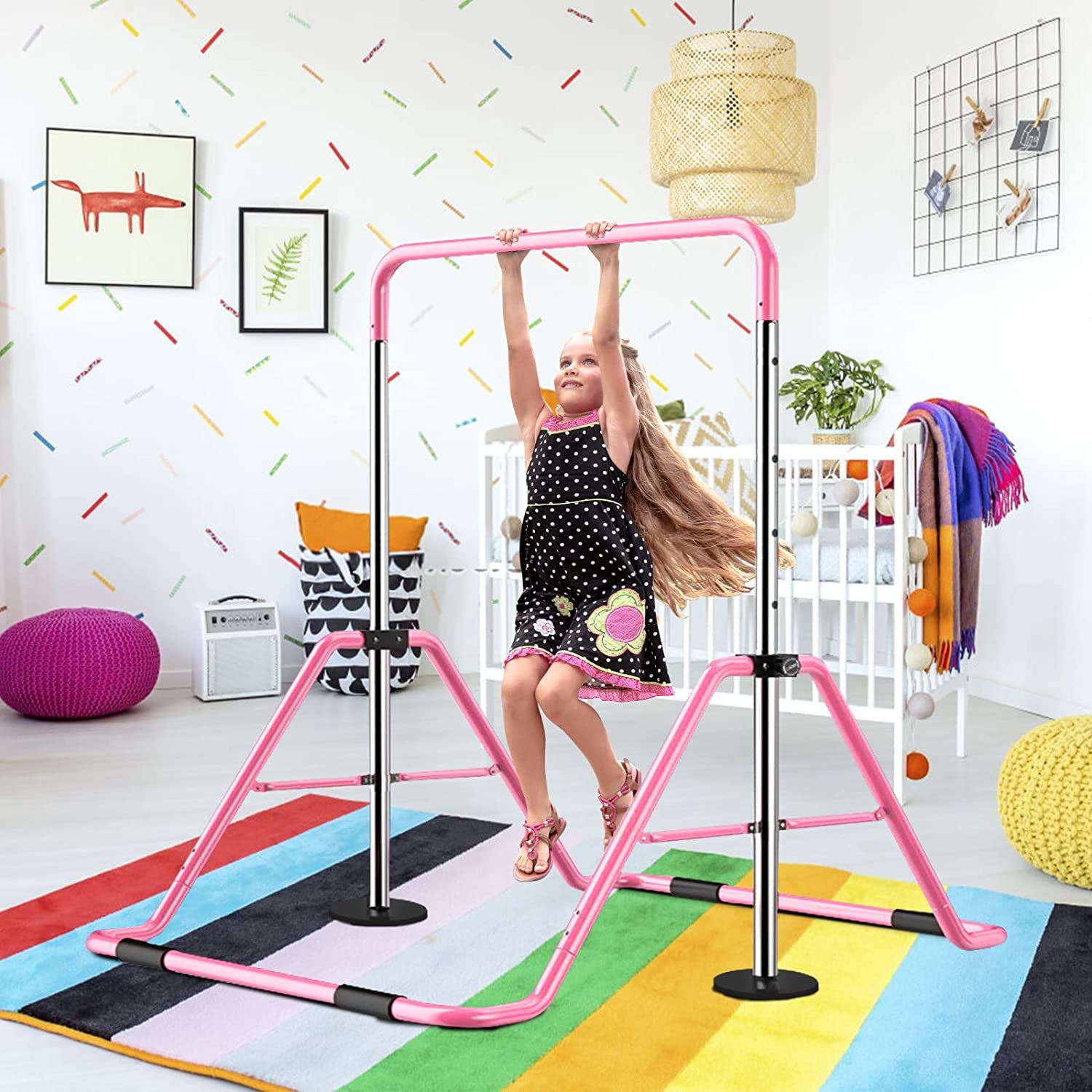 Frame structure showing steel tubing, joints, and stable base of the gymnastics bar — highlighting durability, stability, and load-bearing design.