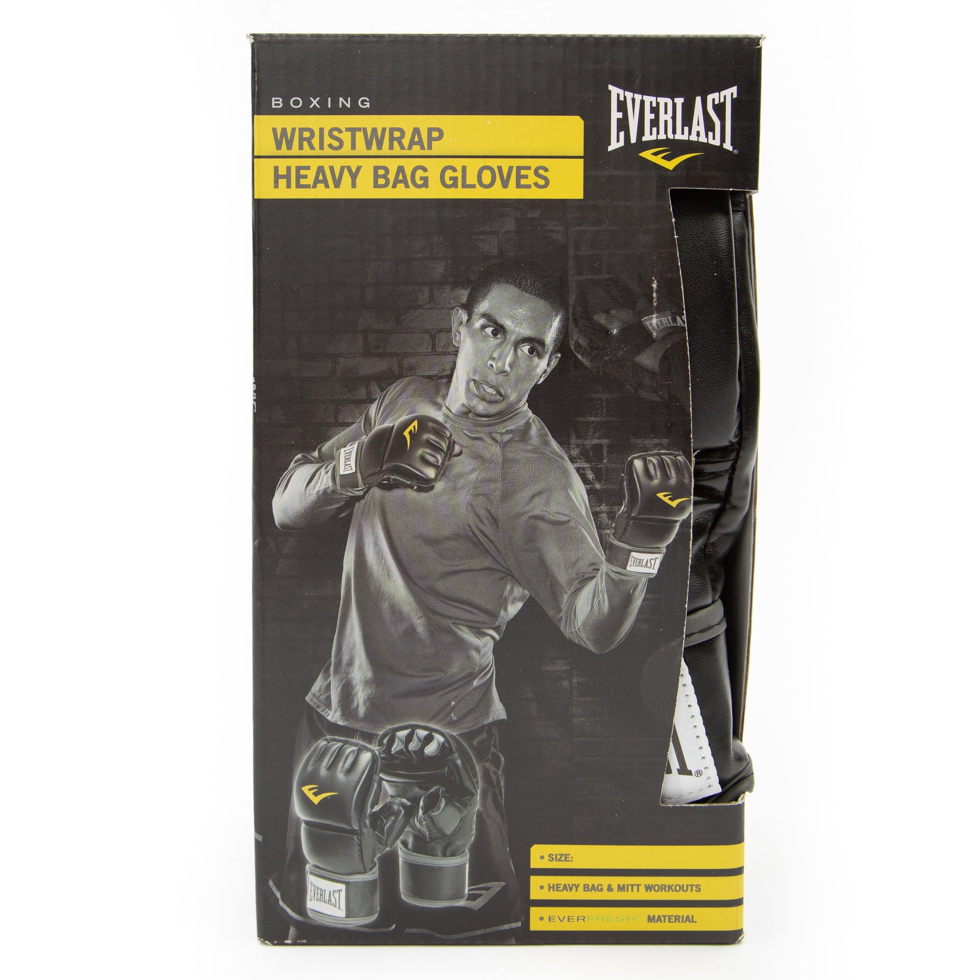 Black wristwrap heavy bag gloves included inside open box packaging ready for sale, showing how the product is presented to the buyer.