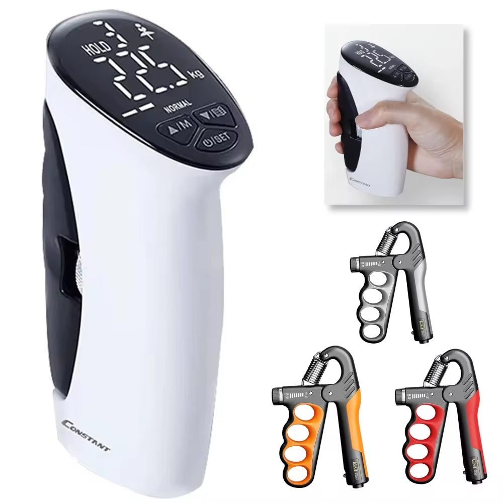 User gripping the LED electronic hand strength trainer, fingers in position and display showing numeric grip strength reading in real time.