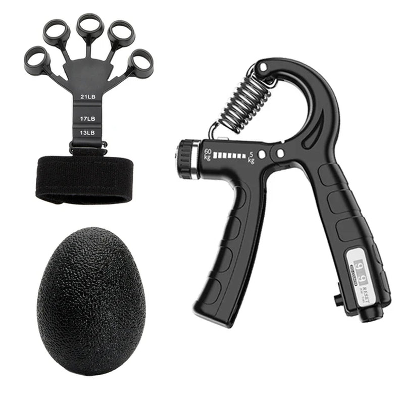 Hand strengthener grip and wrist training device displayed against white background, highlighting its design and adjustable resistance range.