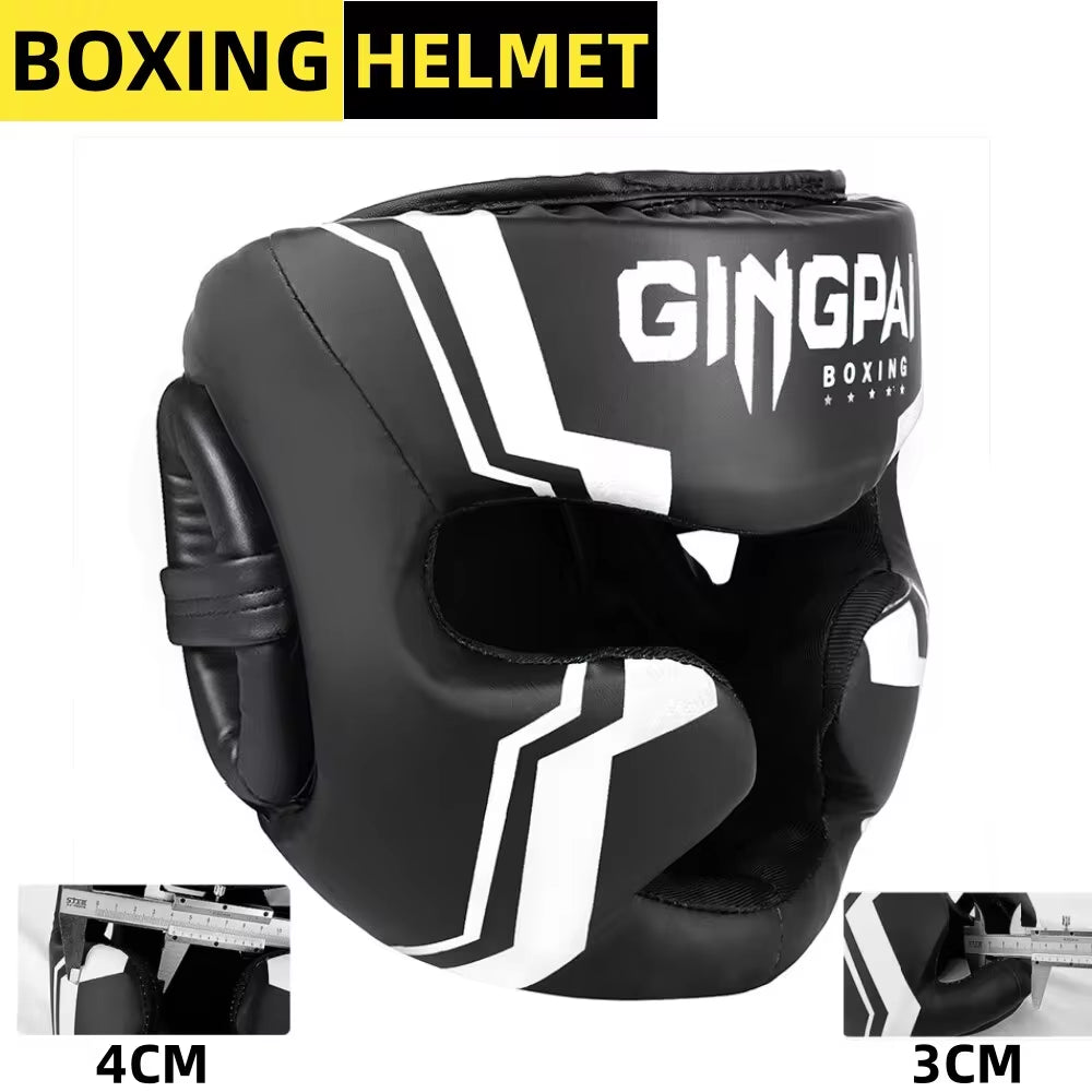 Model wearing the headgear during training, showing how it fits snugly and covers the cheeks, forehead, and sides while allowing visibility and movement.
