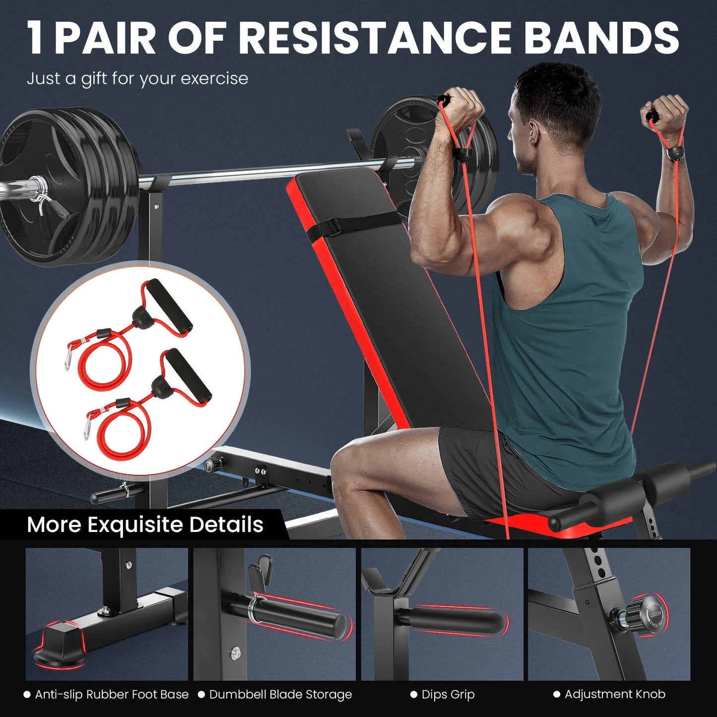 Home gym adjustable bench press set 6-in-1 featuring incline, decline, and flat bench positions with barbell rack, resistance bands, and foot support bracket for muscle training, strength conditioning, and full body workouts
