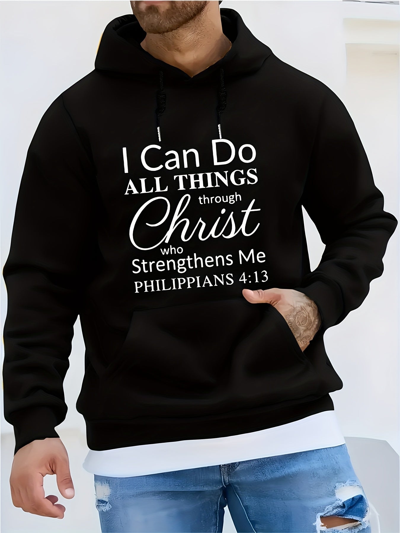 Back view of the hoodie showing full scripture design and layout — how the text wraps or sits across the back for maximum impact.