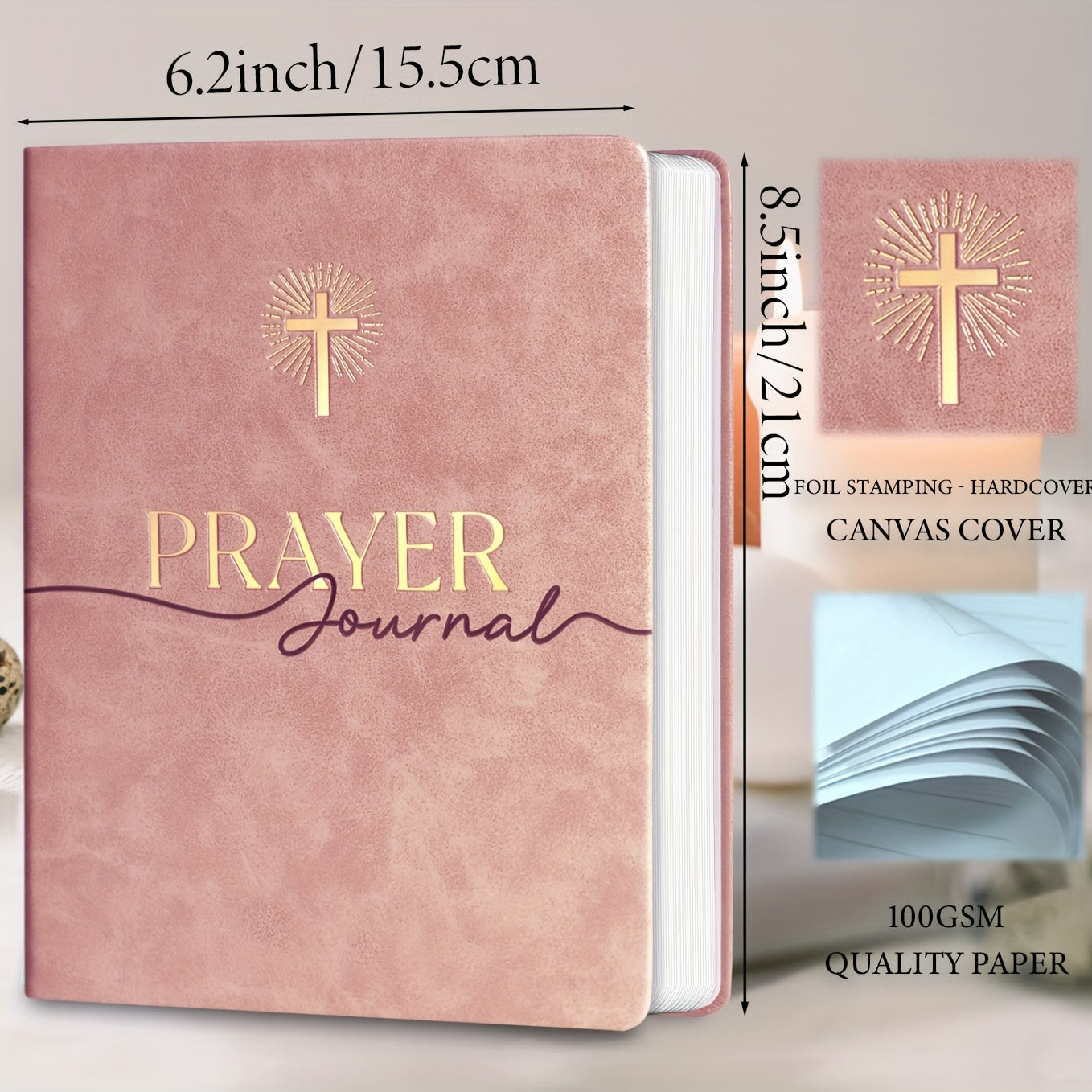 Journal opened showing lined pages and scripture prompt section, with visible spacing for date, prayer, reflection entries — ideal layout for 180-day journaling.