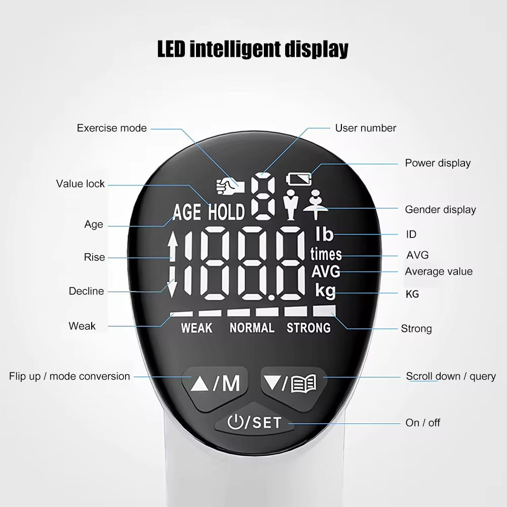 LED digital hand grip strength trainer (dynamometer) showing LCD readout of grip force — ideal for measuring hand strength in fitness or rehab settings.