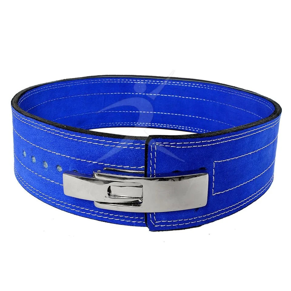 Close-up of lever locking mechanism and detailed engraved logo on genuine leather surface of the power lifting belt, showcasing quality craftsmanship, strong buckle, and texture.