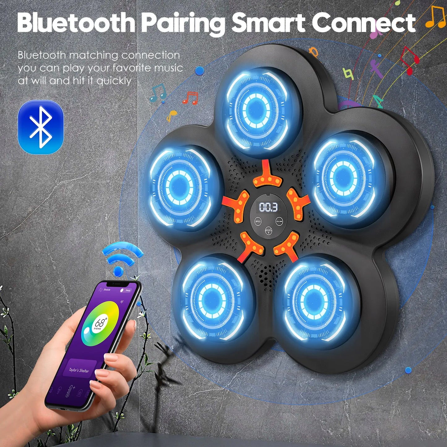 Boxing wall target machine shown connected to a smartphone via Bluetooth, illustrating how the device synchronizes data or music functions with mobile devices.