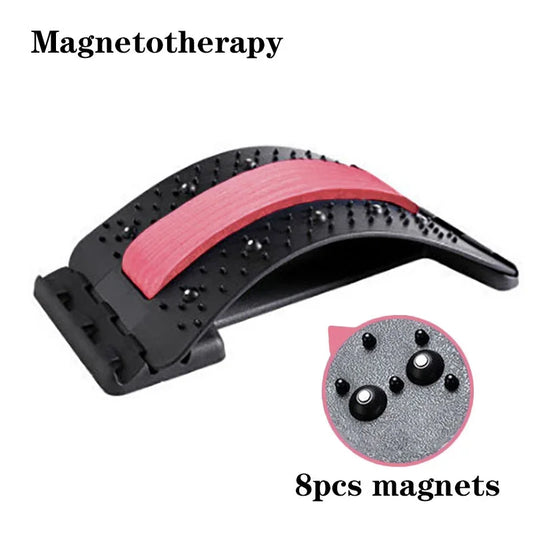 Magnetotherapy back stretcher with multi-level adjustable arch, ergonomic spinal curve support, embedded magnets for pain relief across lumbar and cervical regions.