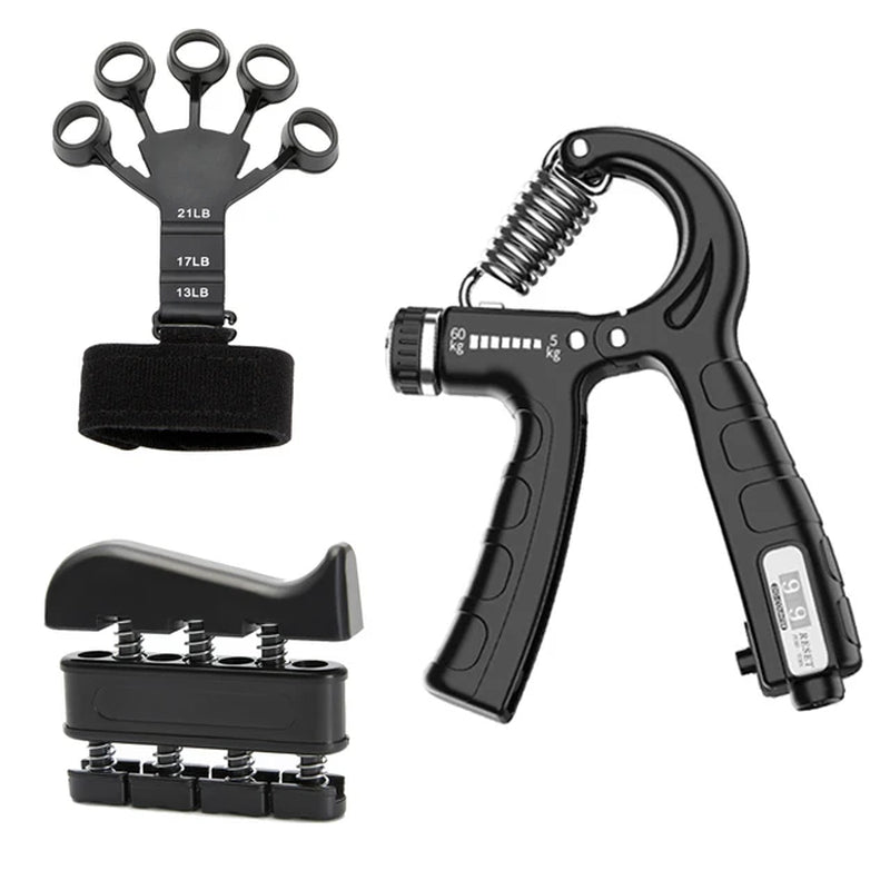 Detailed view of the metal spring gripper mechanism with resistance markings on the adjustable 5-60 kg hand gripper for precise strength settings.