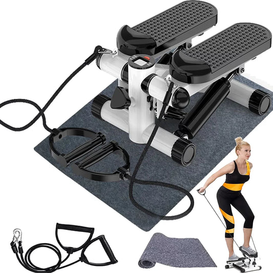Mini stepper with LCD display and resistance bands in black full view, showing pedal platforms, bands, and digital readout for home use.
