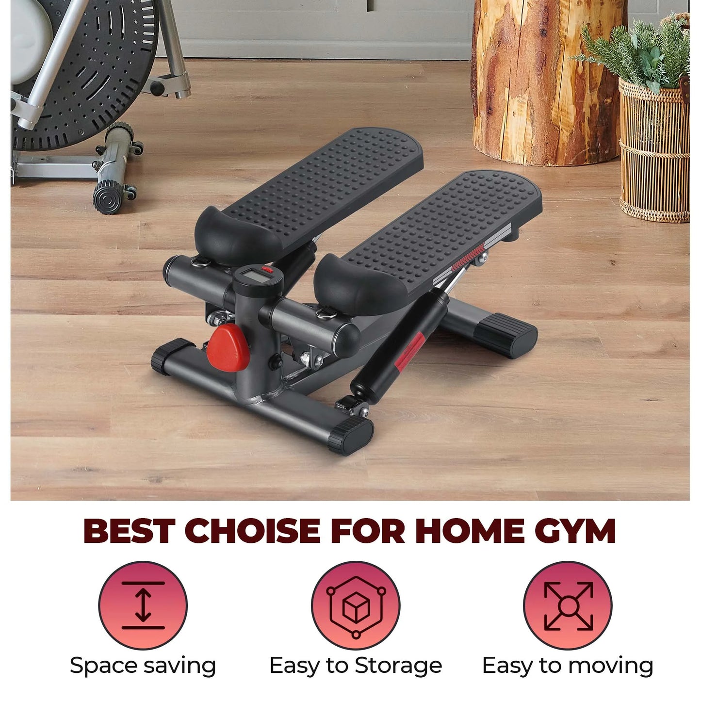 Mini stepper shown in compact storage position, perhaps tucked under a desk or folded, to illustrate how it fits small spaces easily.