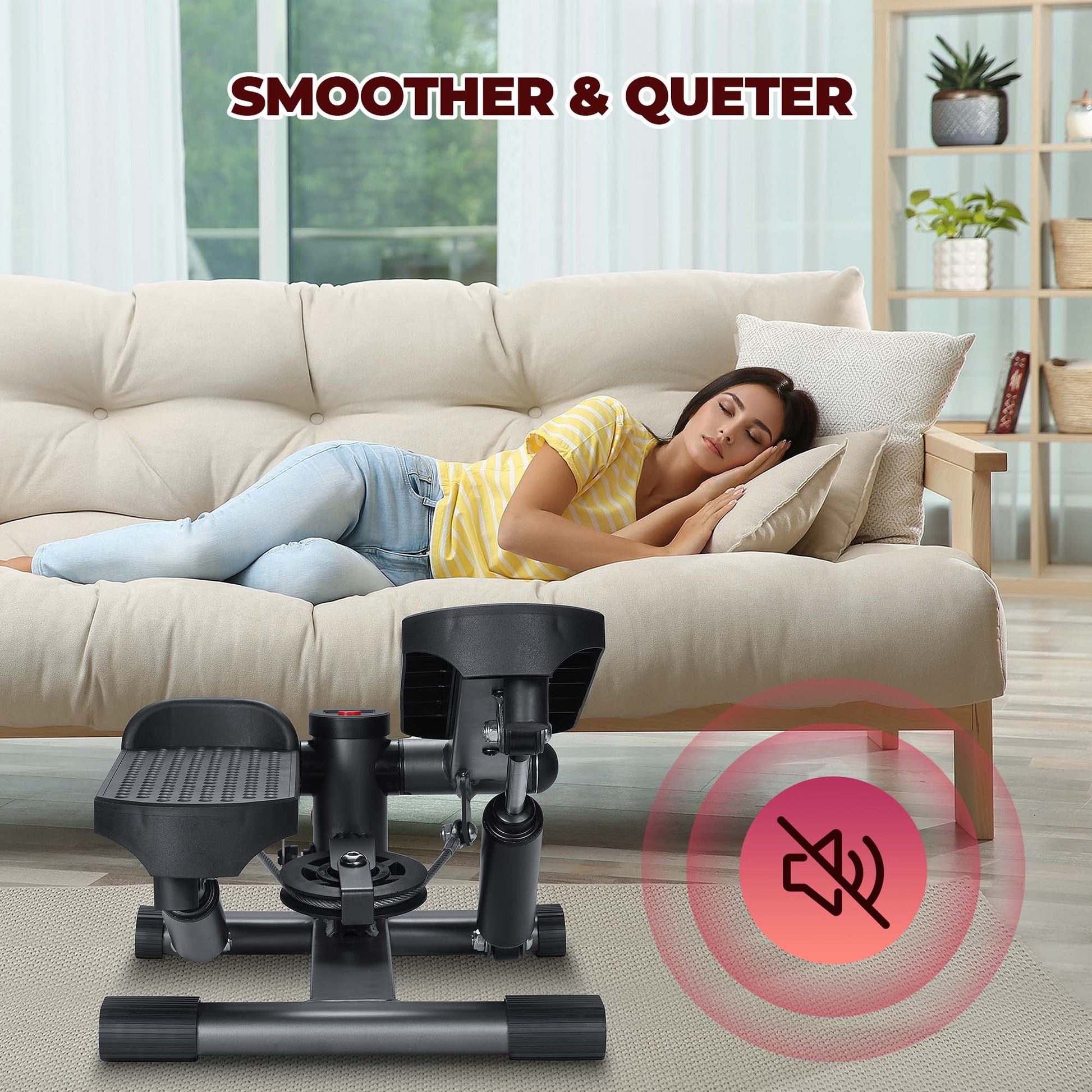 User mid-step on the mini stepper demonstrating active stepping motion, engaging lower body and core muscles while monitoring display readout.