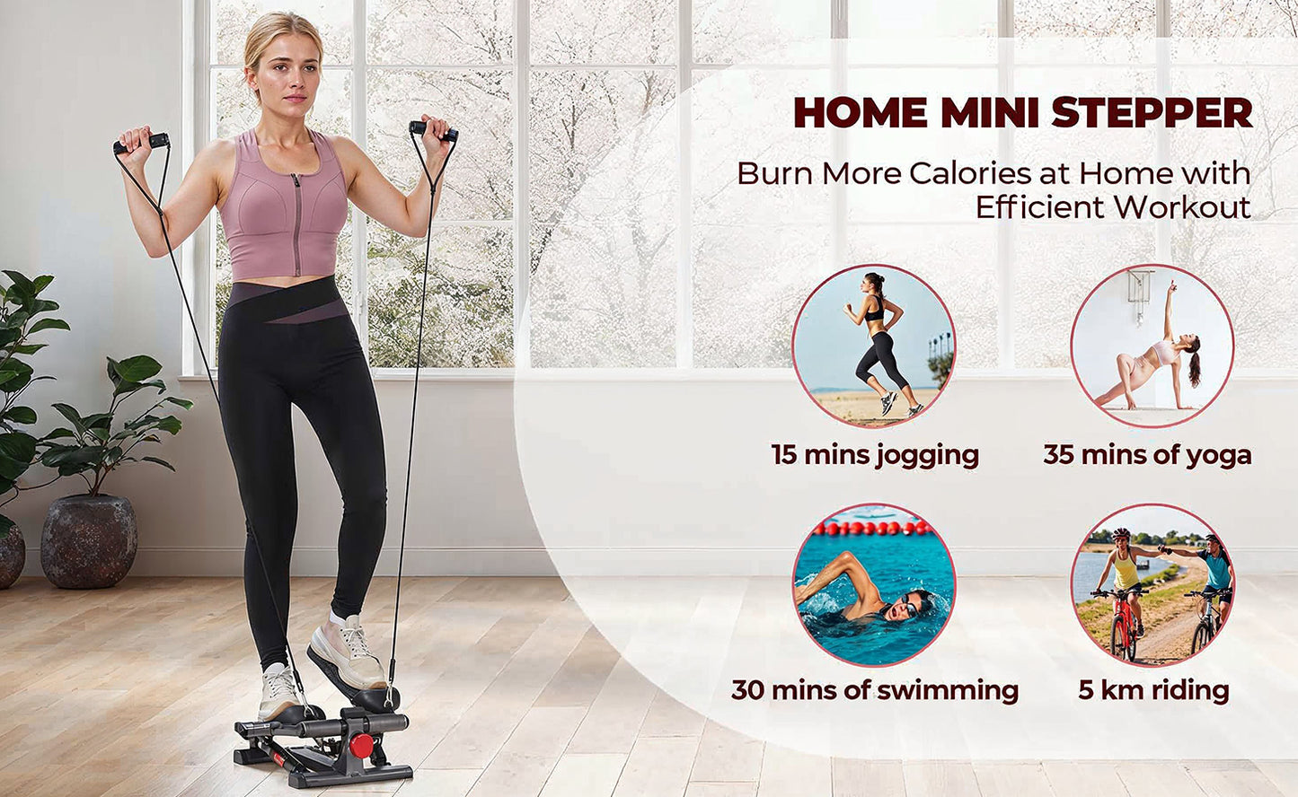 Mini stepper with LCD display and resistance bands in black, showing full unit with dual pedals, bands attached, and digital screen for tracking steps, time and calories.