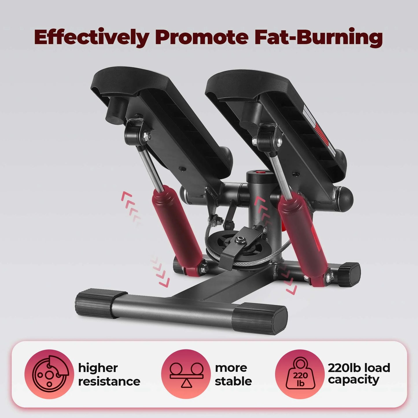 Mini stepper placed on wood, tile, exercise mat surfaces to show how it performs smoothly across various home floor types.
