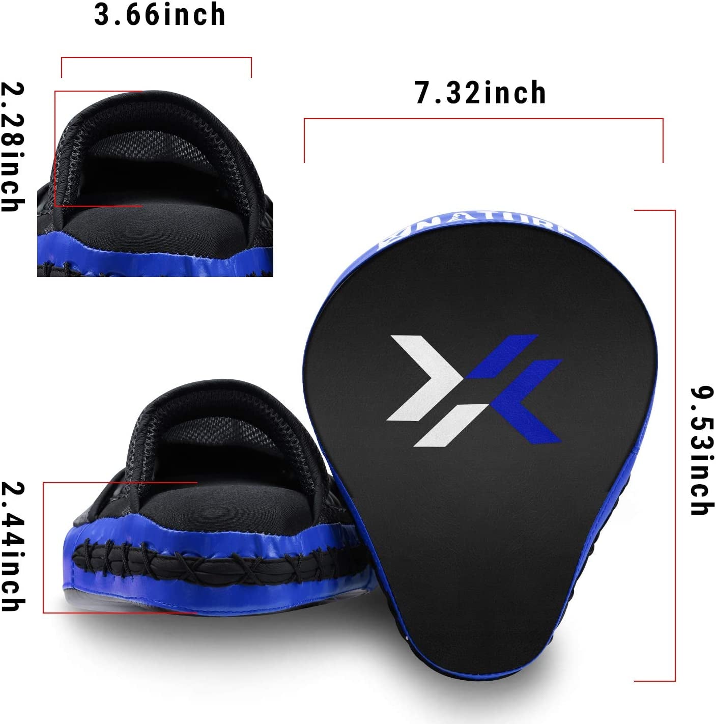 Back side of mitts showing straps, grip area, and Velcro closure detail to demonstrate how they attach securely to trainer’s hands.