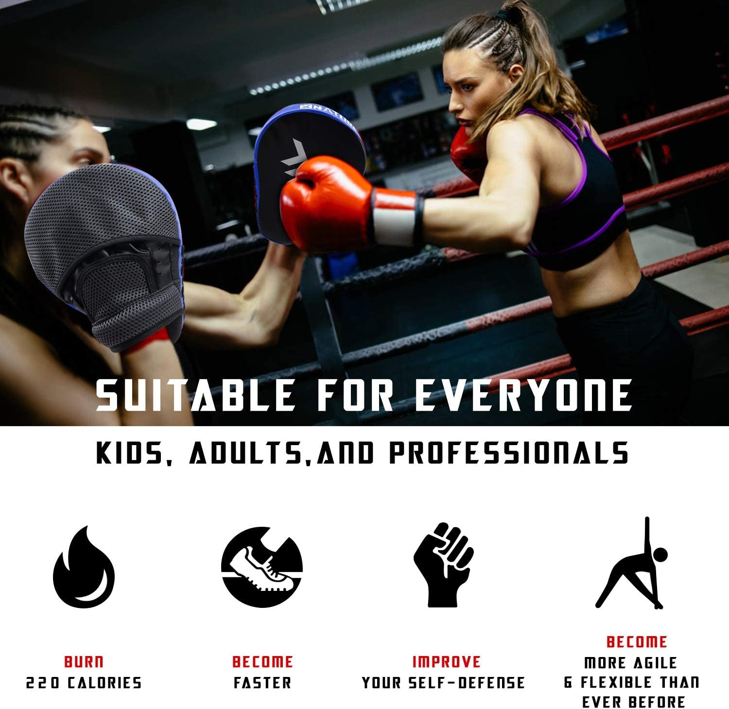 Curved punching mitts laid flat on surface next to other training gear (gloves, wraps) to provide size context and pairing suggestions.