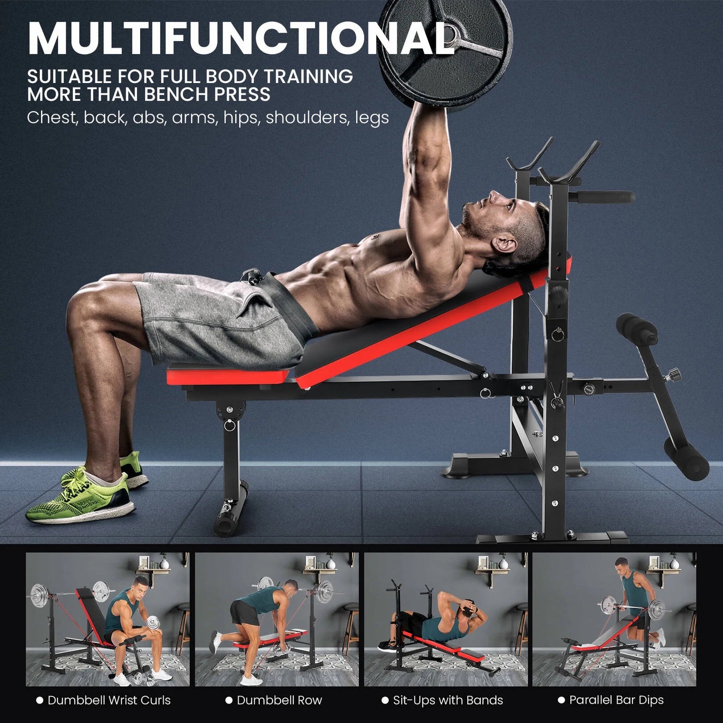 Multi-functional adjustable workout bench set with barbell rack and foldable design including resistance bands for complete home gym fitness training, bodybuilding, chest press, incline, decline, and ab exercises