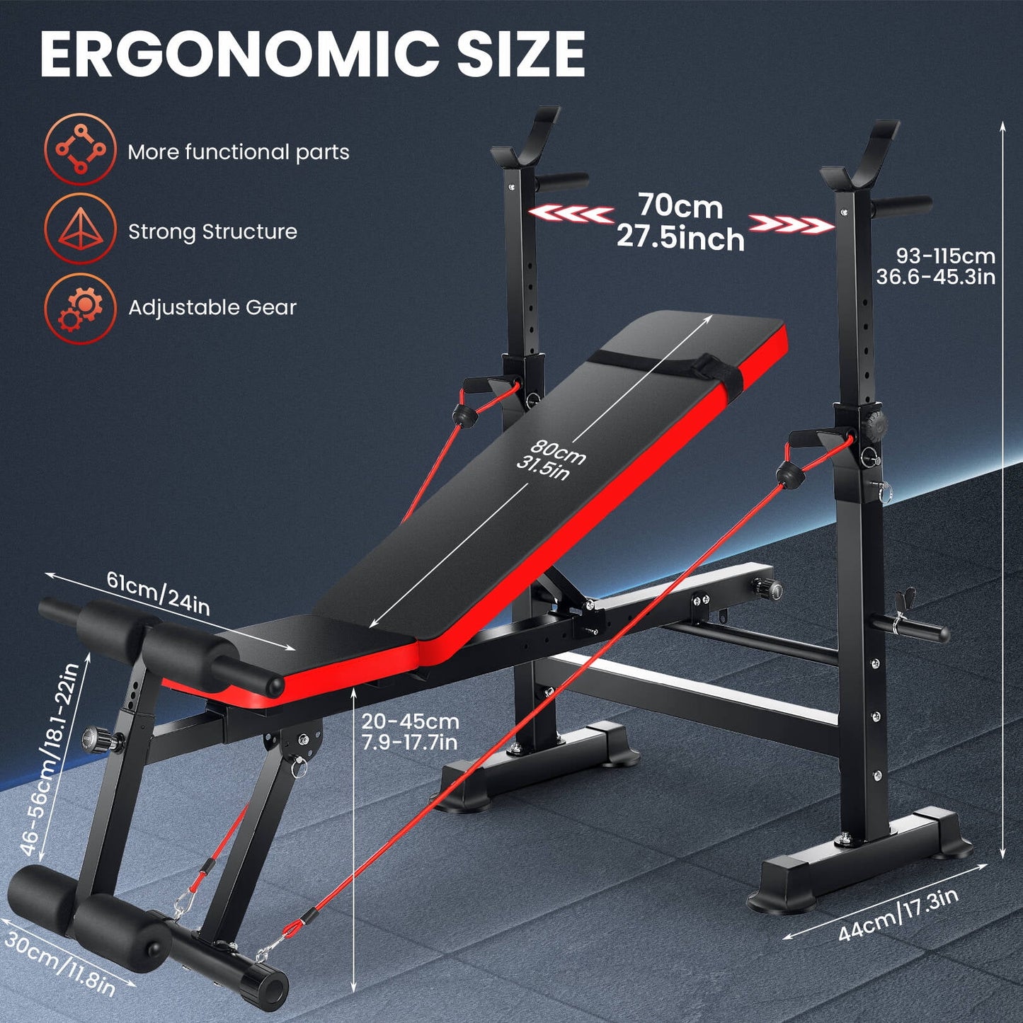 Multi-functional adjustable weight bench press set with barbell rack, foot support bracket, and resistance bands designed for home gym strength training, ab sit-up routines, and muscle workouts.