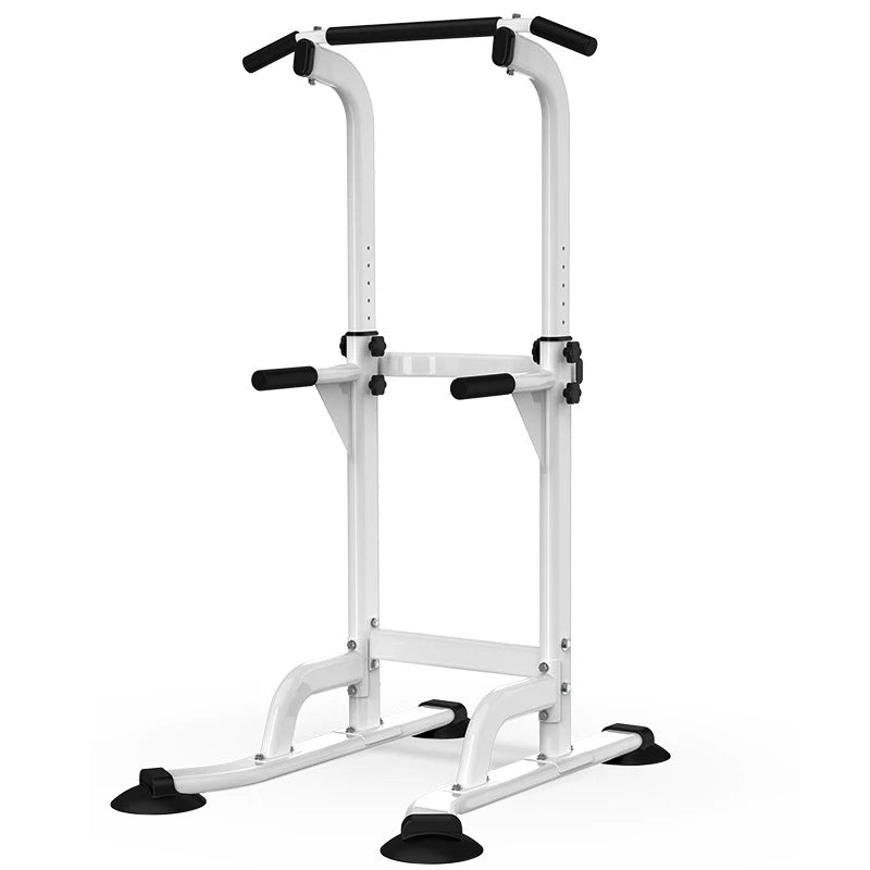 Multi-grip bars on power tower demonstration with various grip options — wide, neutral, narrow — to target different muscle groups during pull-up variations.