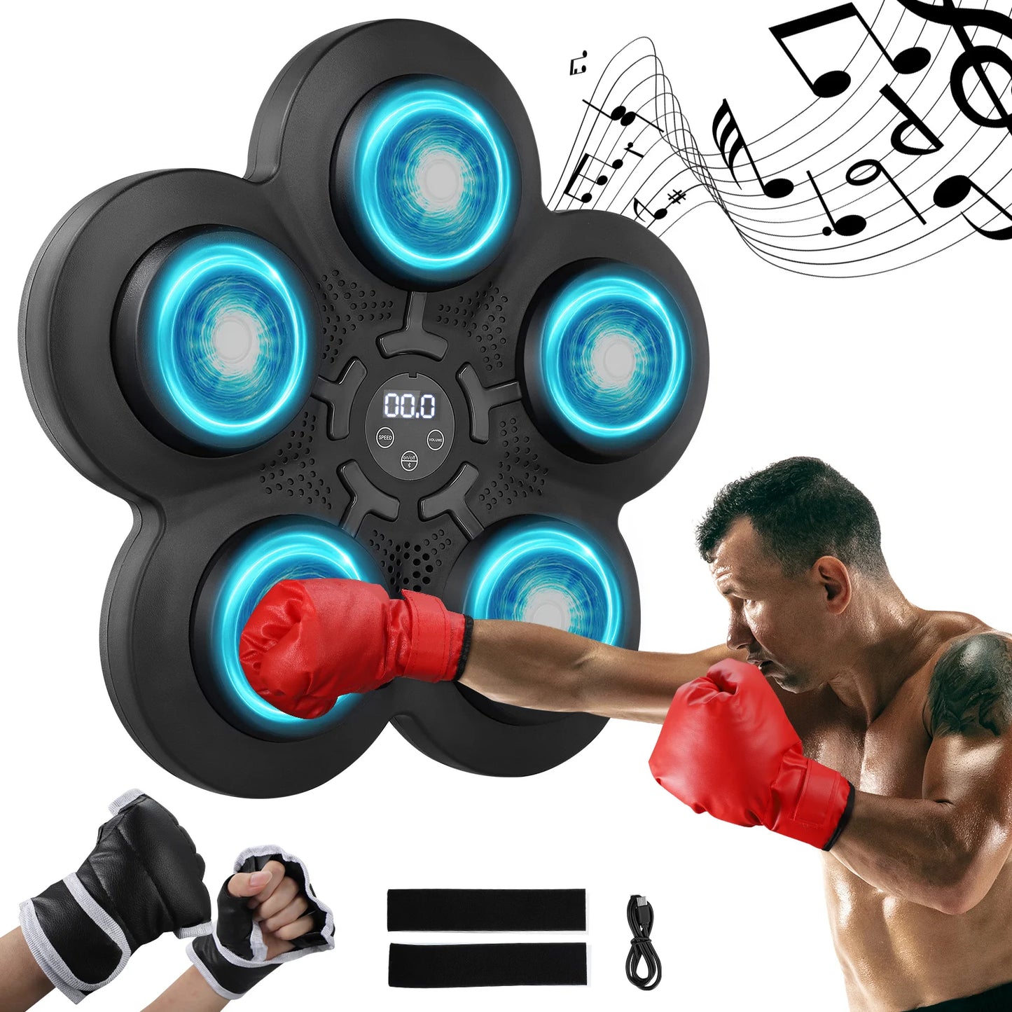 Music boxing machine wall target with 5 LED lights and Bluetooth sensor, showing full unit mounted on a wall with display, sensors and strike pad.