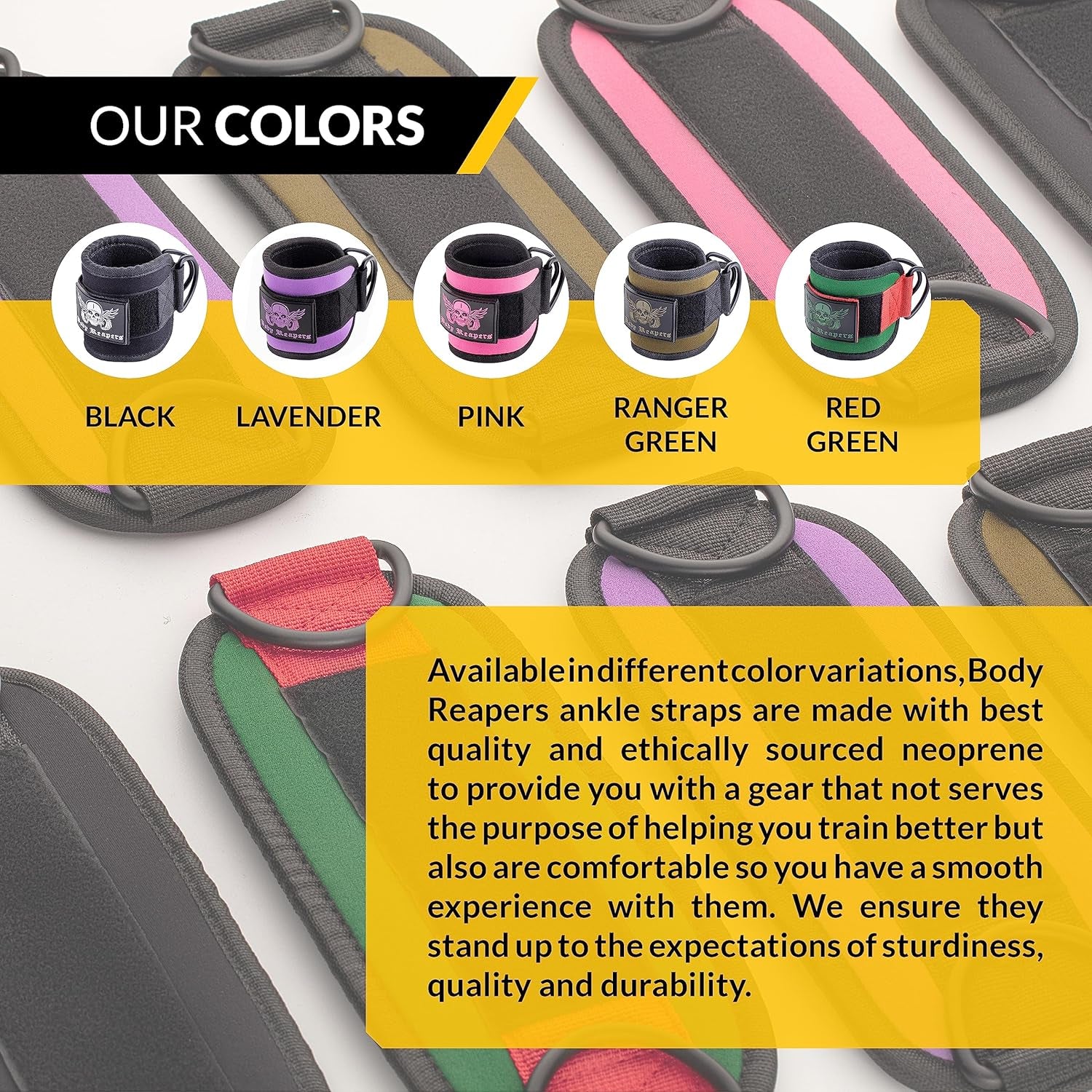 Packaged ankle strap set in box, complete with user manual, accessories and packaging layout to show customers exactly what they receive in the product kit.