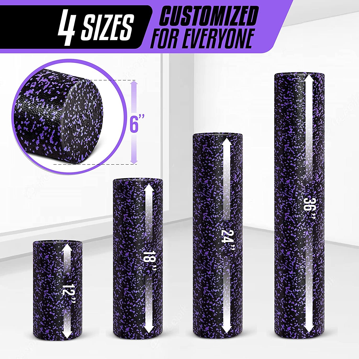 Packaged EPP foam roller in box, with protective wrap, instruction leaflet and packaging elements shown to convey what is included in purchase.