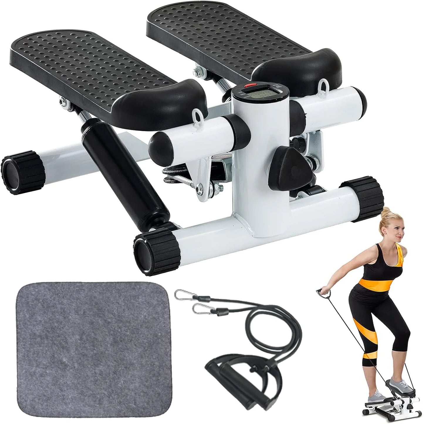 Stepper unit in packaging box including accessories like resistance bands and instructions — shows how product arrives to customers.