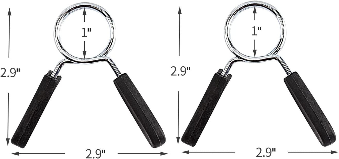 Pair of 1-inch spring clip barbell collars with grip handles for standard barbells and dumbbells, easy-squeeze design to quickly clamp and release plates.