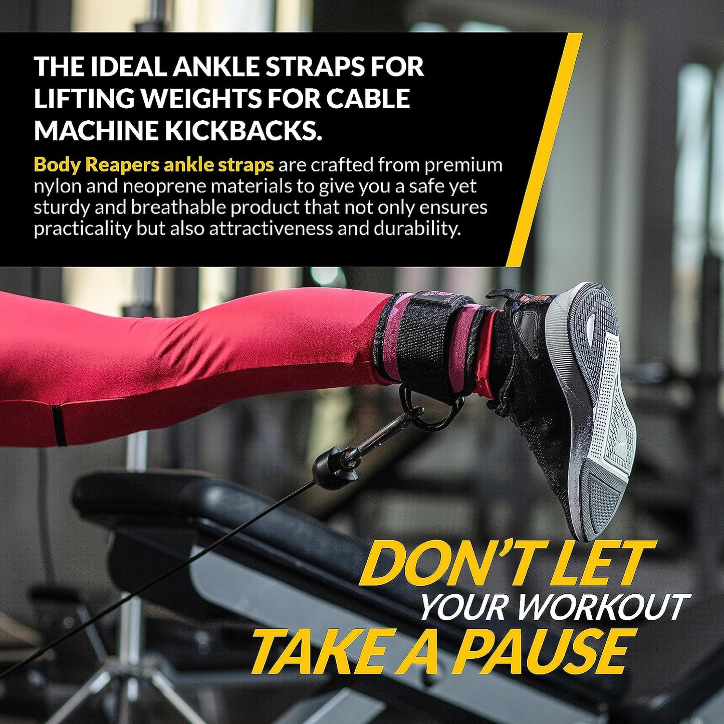 Pair of ankle straps laid flat showing full length, adjustable Velcro straps, neoprene padding and hardware, giving buyers a clear view of the product design and components.