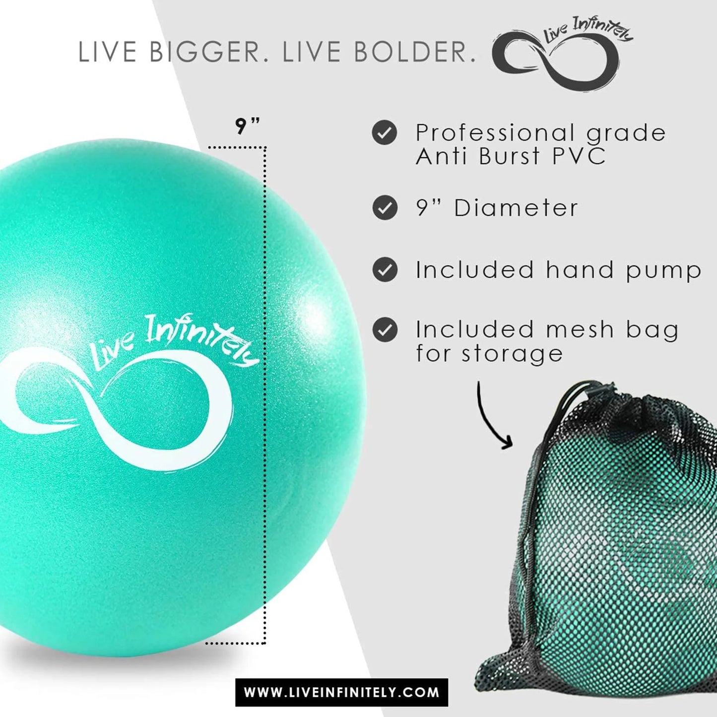 Pilates ball set includes mesh bag and hand pump in mint, 9 inch core exercise equipment for yoga, Pilates, gym and rehab use, burst-resistant stability for improved balance and posture.