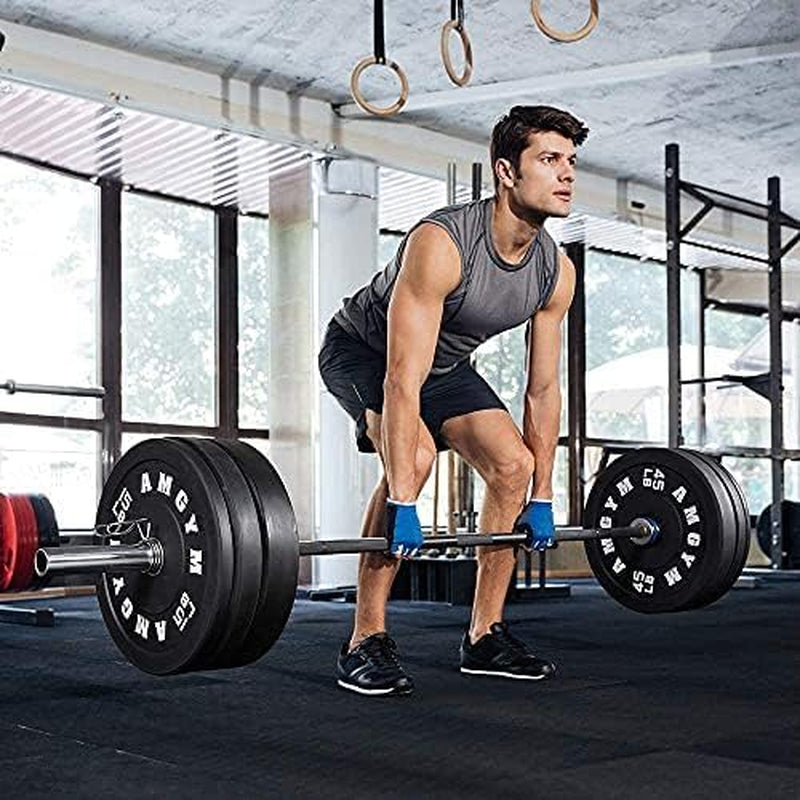LB bumper plates loaded on an Olympic barbell in a home gym setting, demonstrating fit, finish, and scale when in use on a standard bar.