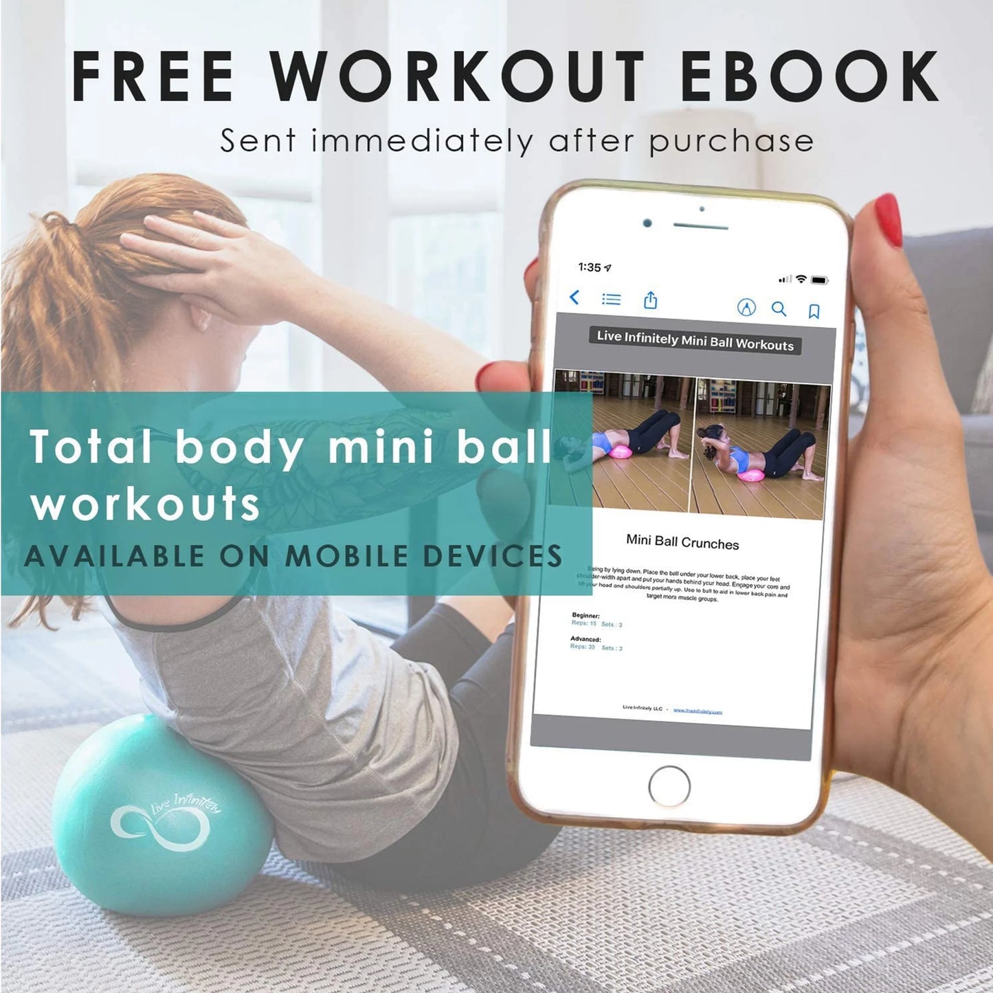 Portable pilates ball in mint with hand pump and carry mesh bag, perfect for home studio, yoga, pilates and exercise routines to support balance, strength and flexibility training.