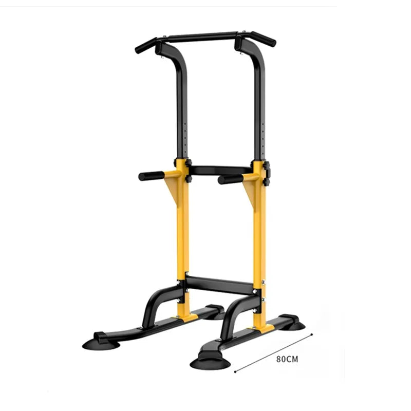 Power tower frame with dip legs and sturdy base view, illustrating the robust steel construction, stabilizing feet, and safety features for bodyweight training.