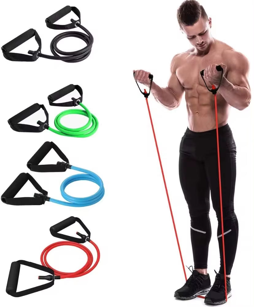 Yellow, green, red resistance pull rope bands with handles