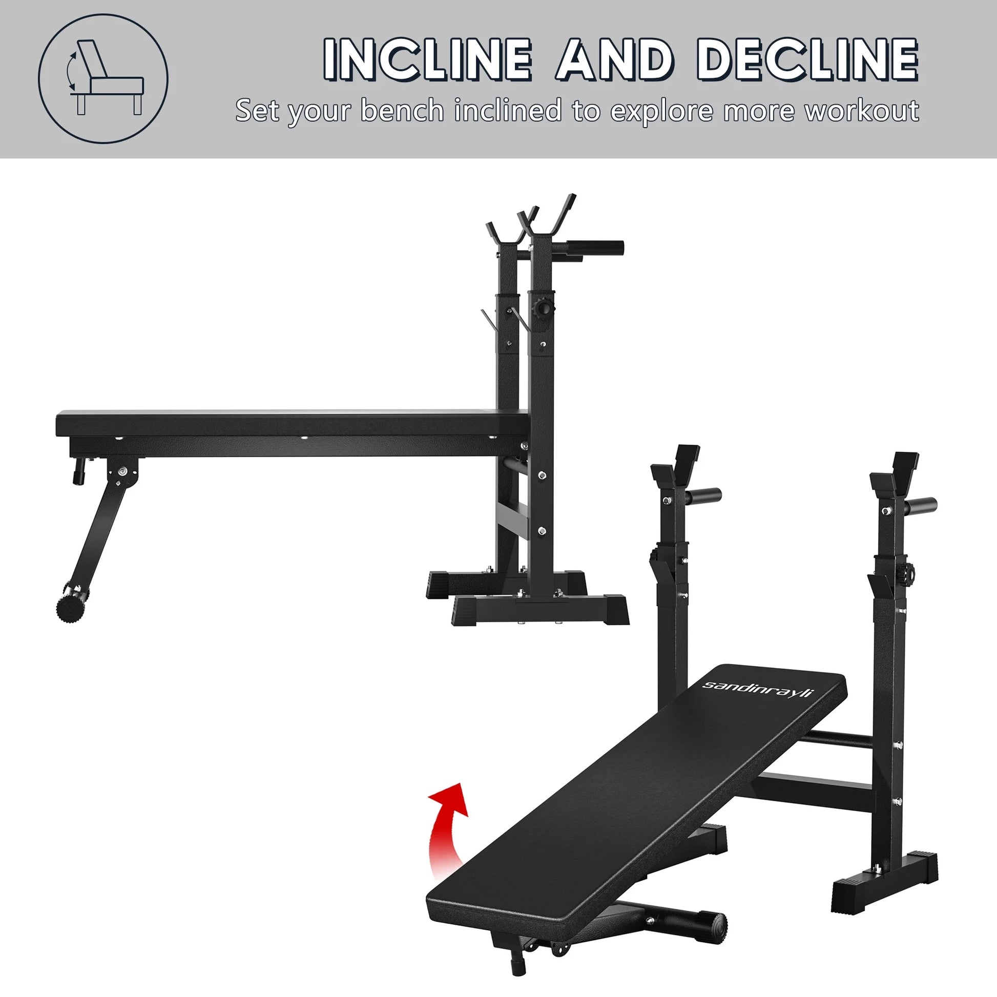Detail view of the rack arms, uprights, safety hooks (safety catches) and barbell support features integrated into the folding bench design.