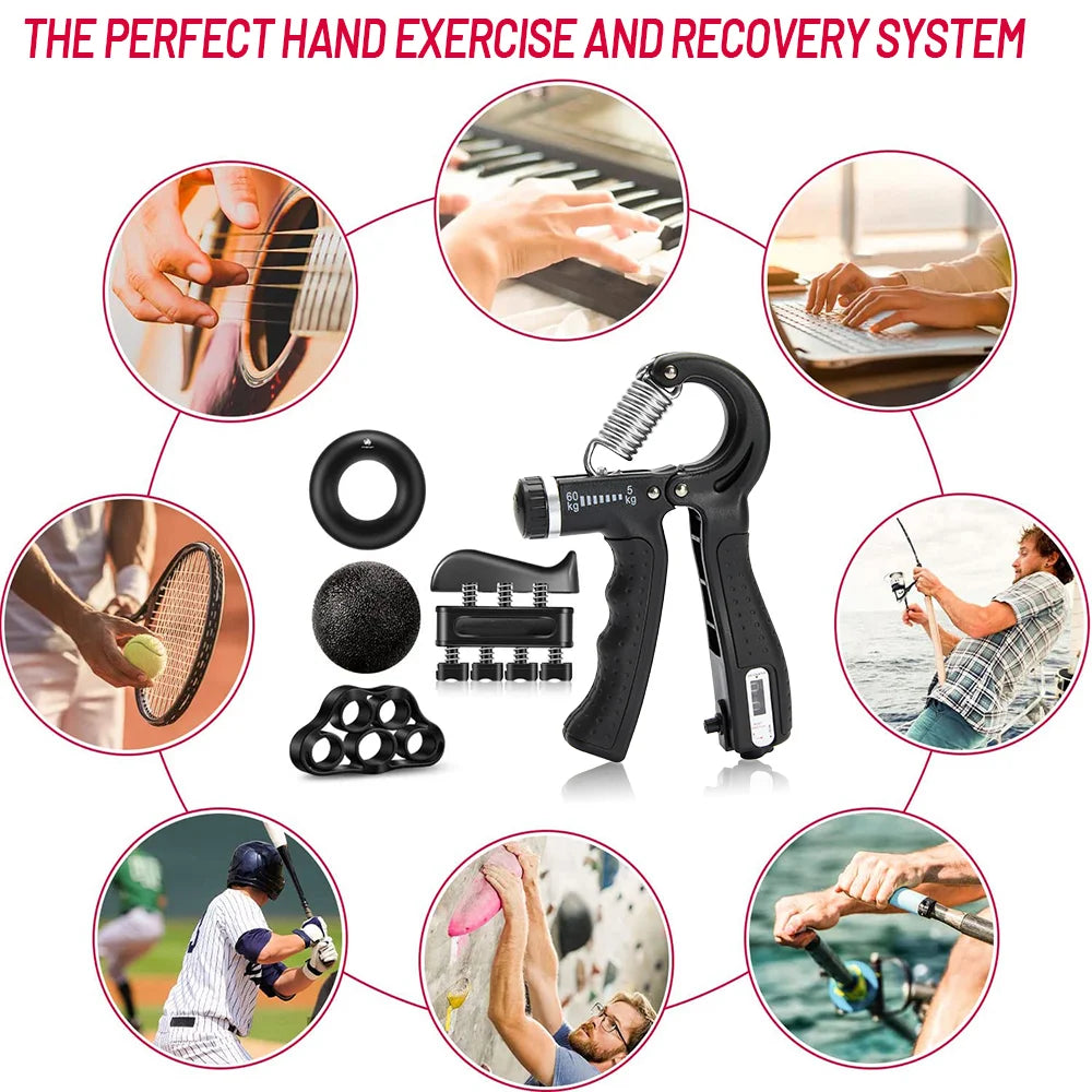 Rehab patient using the adjustable hand gripper for hand strength and finger flexibility exercises, promoting recovery and improved grip function.