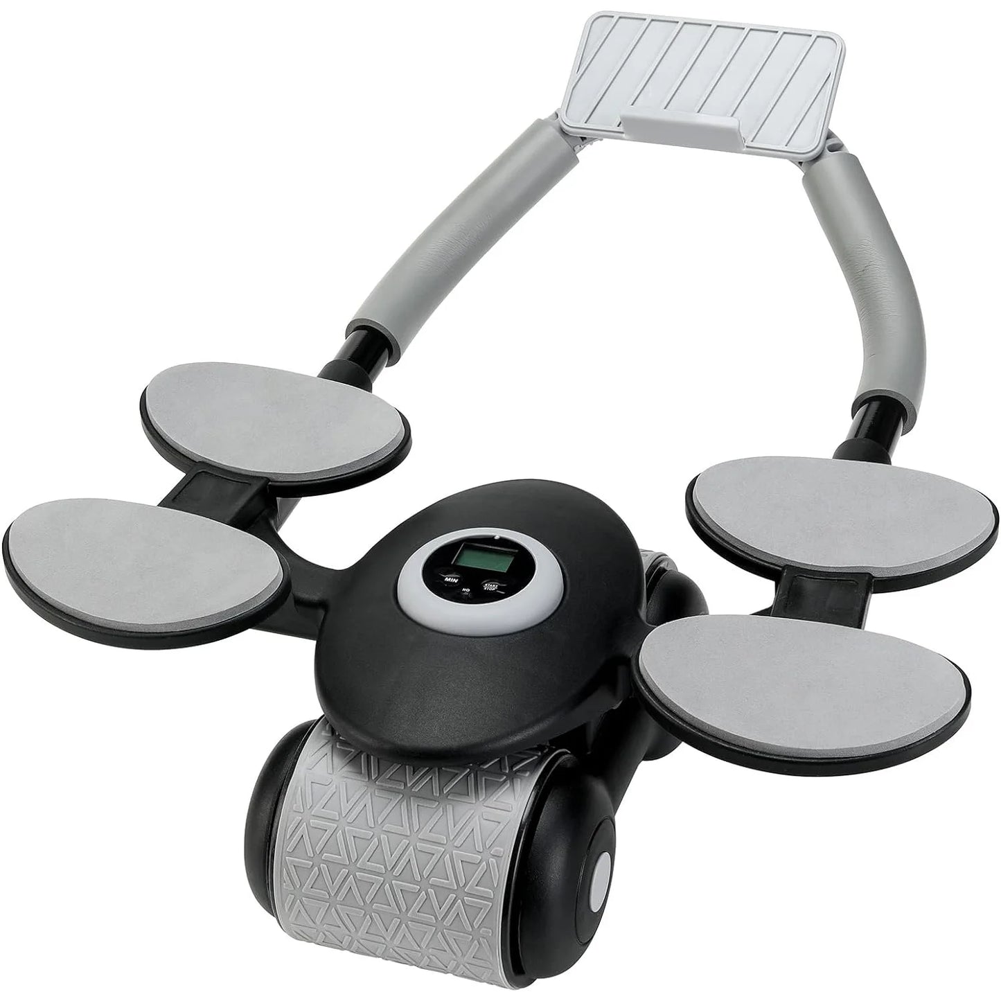Ab roller wheel shown rolling smoothly over different floor surfaces (wood, tile, mat) demonstrating low friction and stable motion.