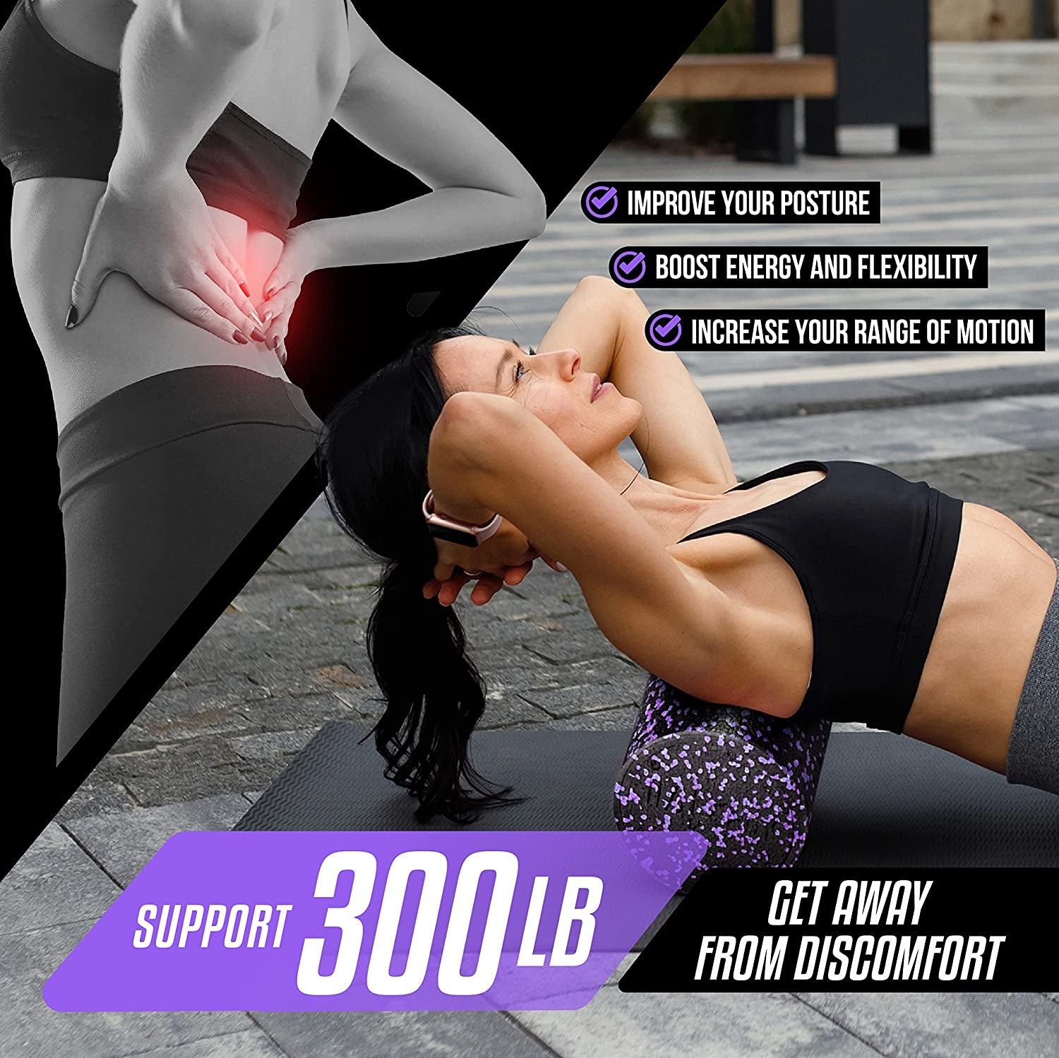 Foam roller placed under leg muscles (hamstring/calf) to show how it supports muscle recovery, relieving tightness and improving circulation in lower limbs.