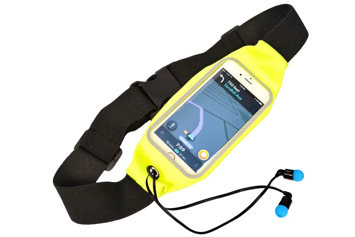 Running belt with transparent touch window for iPhone 6s / 6 / 6 Plus, allowing screen use while the phone is secured inside the pack during exercise.