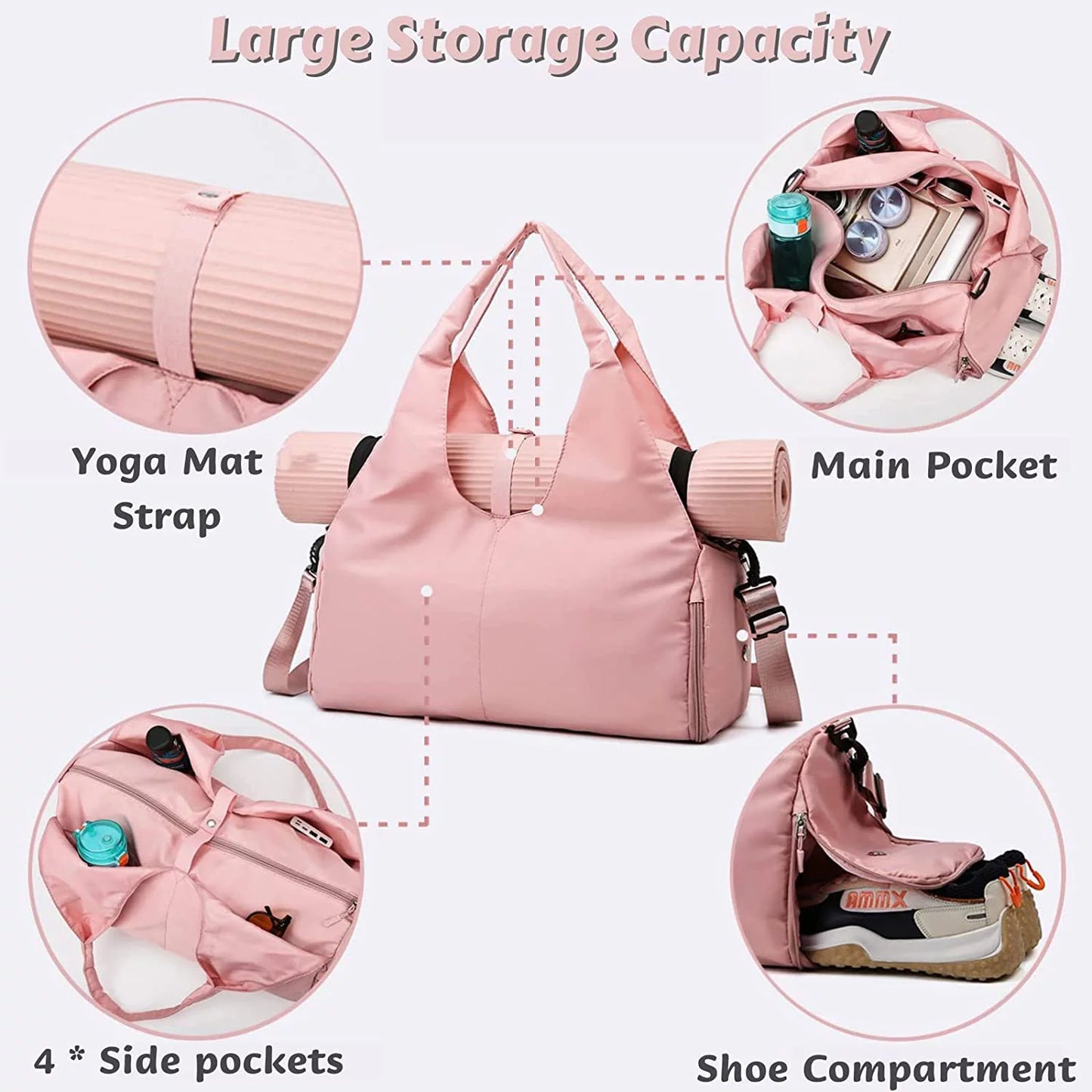 Vented shoe compartment section separate from main gear section, allowing shoes or sweaty items to be isolated for odor and hygiene control.