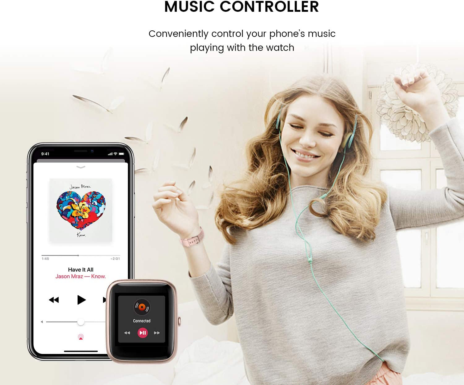 Smartwatch app interface on smartphone syncing data (steps, heart rate, sleep) — showing how data flows to mobile app for tracking.