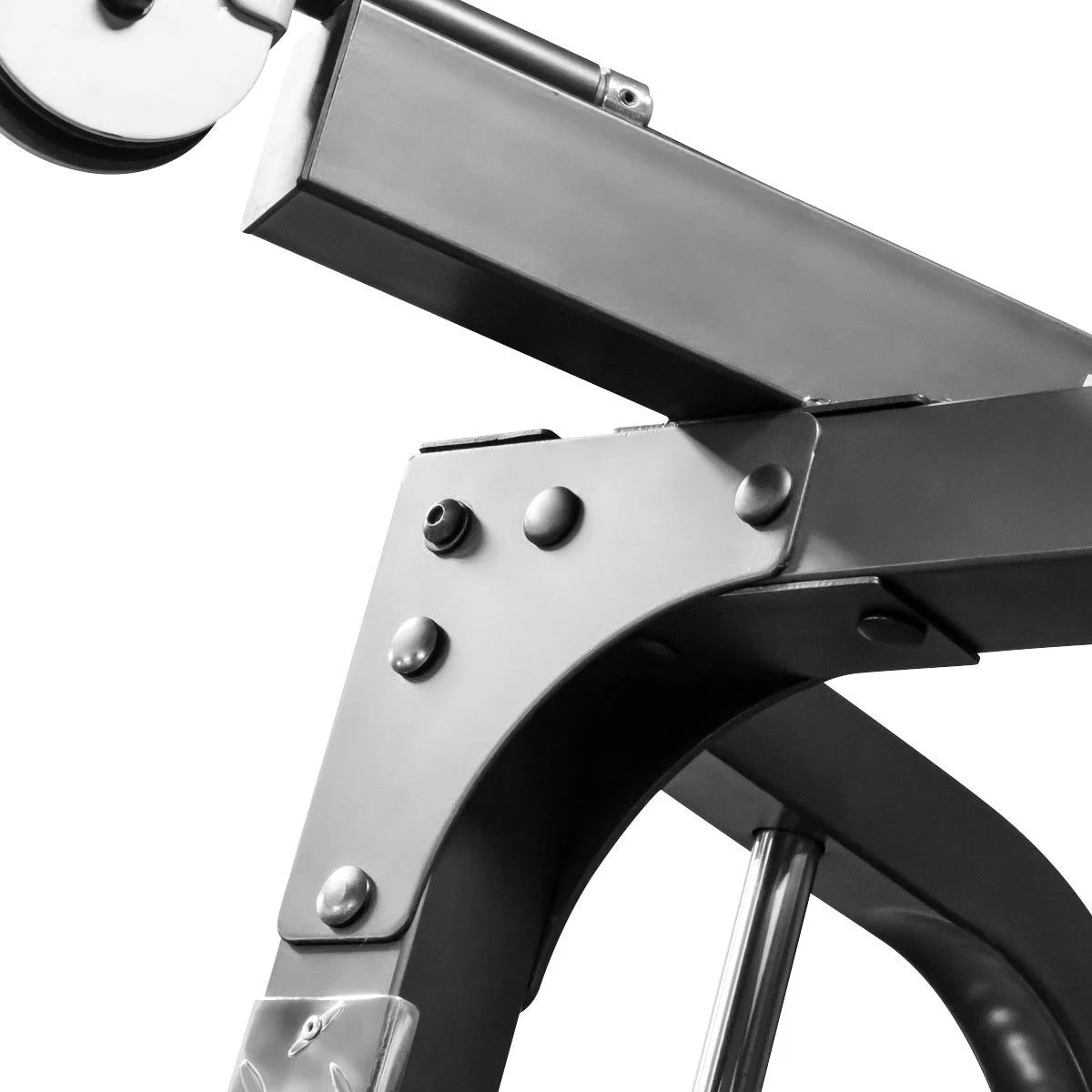 Smith bar with linear bearing system detail on MD-9010G, showing the precision machined guide rods and “Ultra-Glide” sliding mechanism for smooth vertical motion.