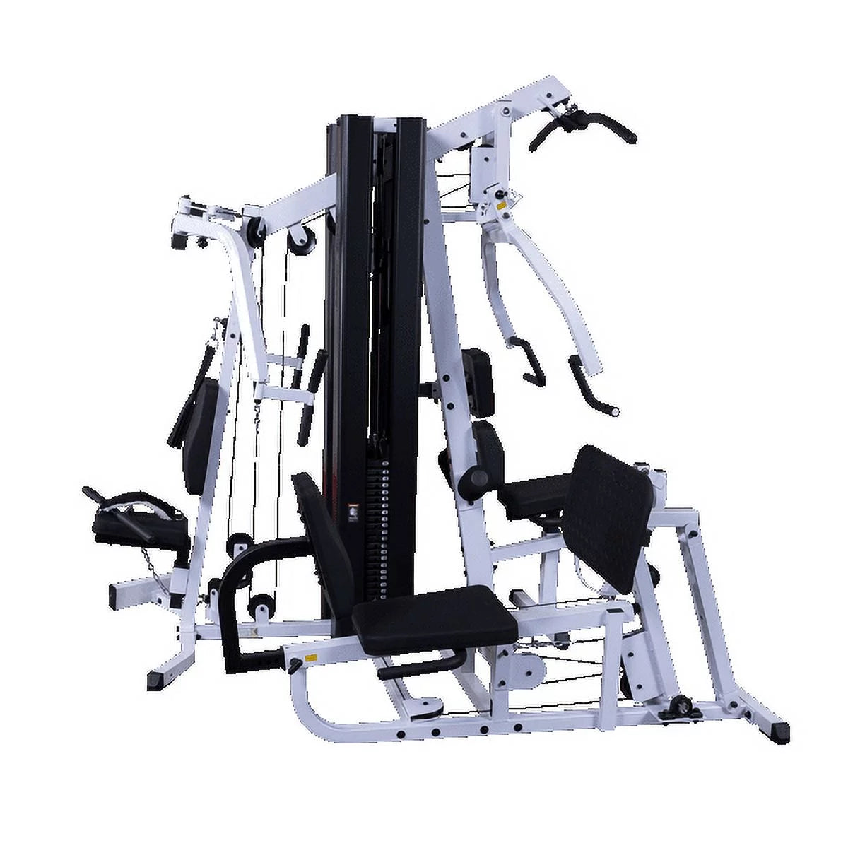 Smith-style multi-press arms and Perfect Pec fly station detail on EXM3000LPS showing overhead cam, pivot arms, and adjustment positions for chest and deltoid isolation.