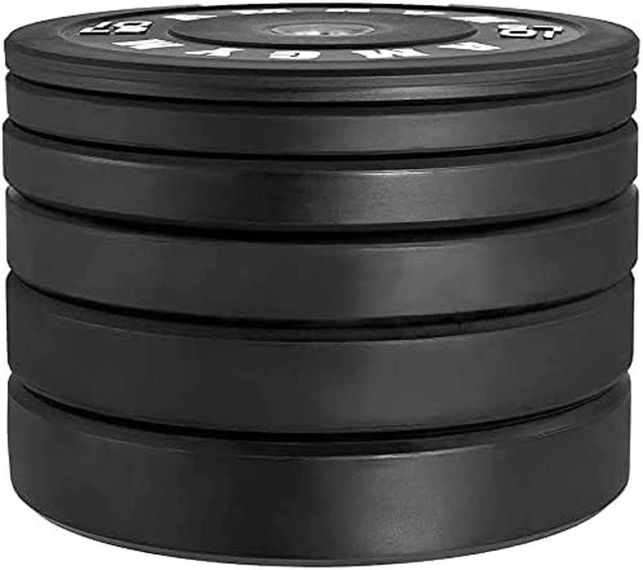 Stack of LB bumper plates showing varying thickness across weight increments, giving buyers a sense of volume per plate.