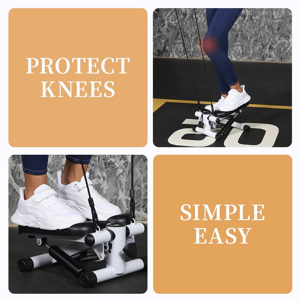 Mini stepper shown in compact or folded position, highlighting how it can be stored in small spaces like under desks or inside closets.