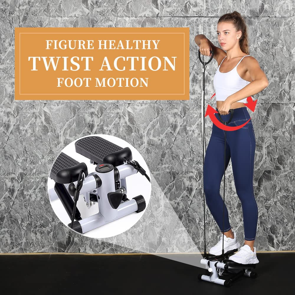 Mini stepper placed on various floor surfaces (tile, wood, mat) to illustrate smooth operation and stability across different home floor types.