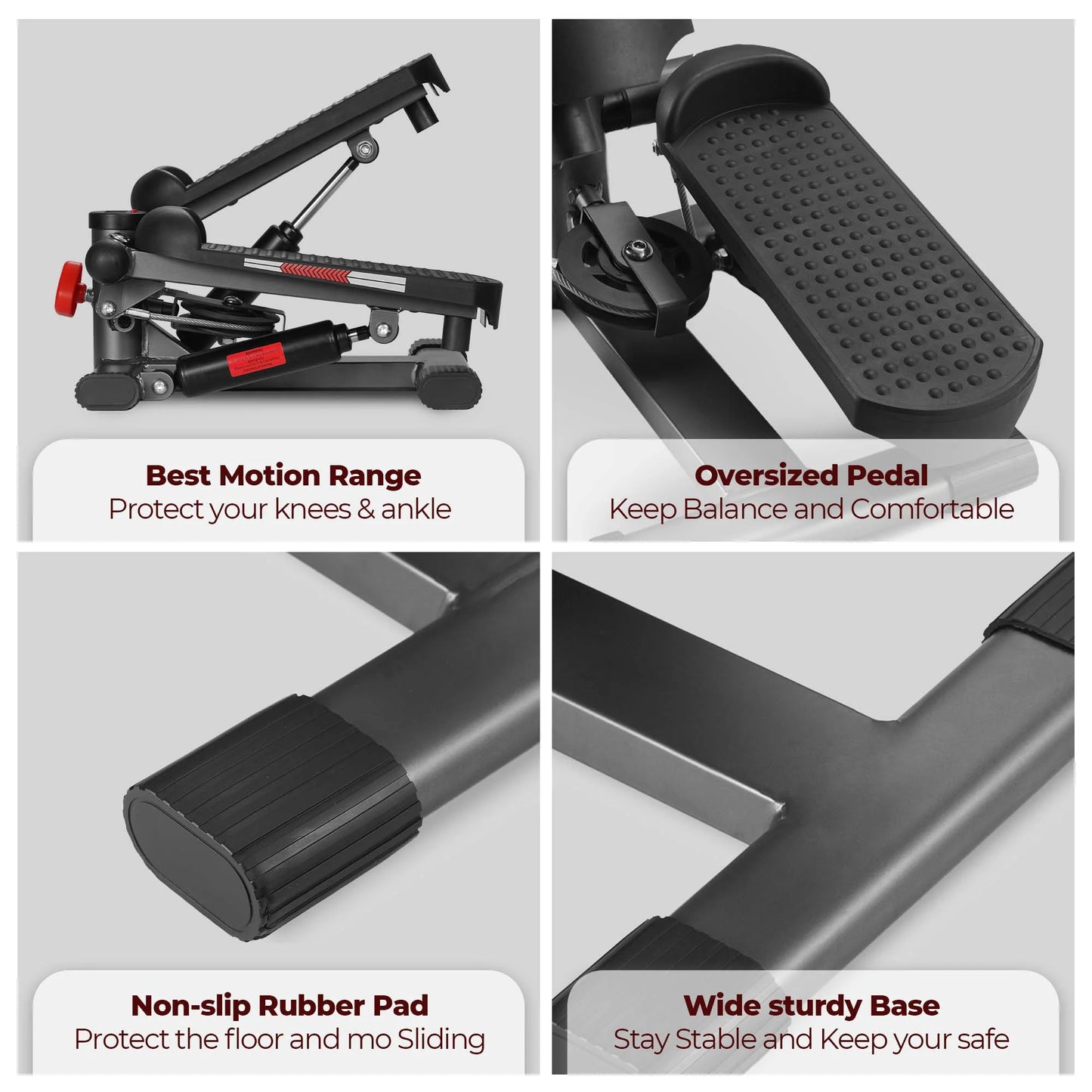 Frame base and structural support of the mini stepper, showing sturdy build, stabilization bars, and materials used to maintain balance during workouts.
