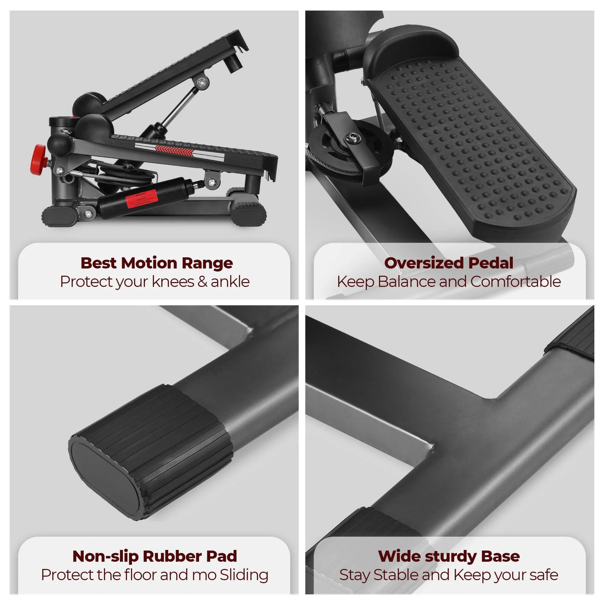 Frame base and structural support of the mini stepper, showing sturdy build, stabilization bars, and materials used to maintain balance during workouts.