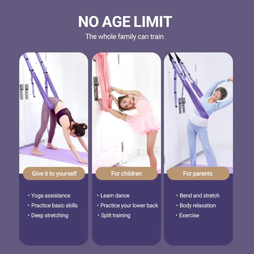 Strap used for splits training and dance stretch inversion equipment in gym setting — flexible aerial strap tool for increasing mobility and strength.